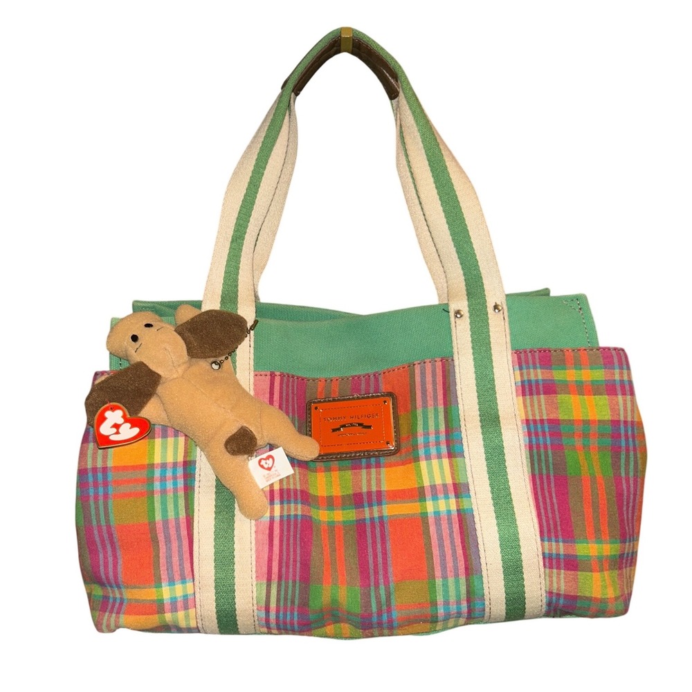 90's Y2K Tommy Hilfiger Plaid Canvas Tote Bag with Ty Beanie Baby Charm